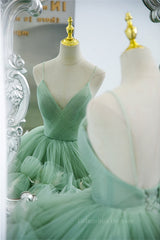 Bridesmaid Dresses Short, Mint Green Deep V Neck Pleated Straps Ruffle-Layers Maxi Formal Dress