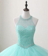 Formal Dresses For Wedding Guests, Mint Green Organza and Beaded Long Sweet 16 Dress, Handmade Formal Dress