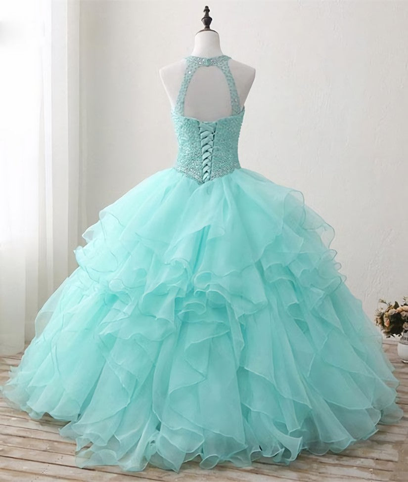 Formal Dress Attire For Wedding, Mint Green Organza and Beaded Long Sweet 16 Dress, Handmade Formal Dress