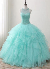 Formal Dresses For 14 Year Olds, Mint Green Organza and Beaded Long Sweet 16 Dress, Handmade Formal Dress