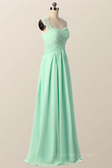 Floral Bridesmaid Dress, Mint Green Pleated Chiffon Long Bridesmaid Dress