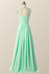 Bridesmaid Nail, Mint Green Pleated Chiffon Long Bridesmaid Dress