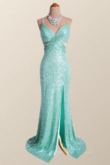Party Dress Ideas For Winter, Mint Green Sequin Mermaid Long Party Dress