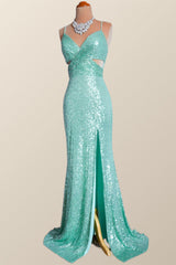 Party Dress Christmas, Mint Green Sequin Mermaid Long Party Dress