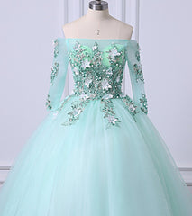 Bridesmaid Dresses Color Scheme, Mint Green Tulle Off Shoulder Long Sleeve Lace Applique Sweet 16 Prom Dress, Formal Dress