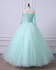 Bridesmaid Dress Colors Scheme, Mint Green Tulle Off Shoulder Long Sleeve Lace Applique Sweet 16 Prom Dress, Formal Dress