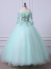 Bridesmaid Dress Color Schemes, Mint Green Tulle Off Shoulder Long Sleeve Lace Applique Sweet 16 Prom Dress, Formal Dress