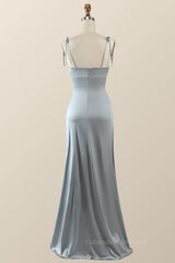 Backless Prom Dress, Misty Blue Straps Ruffle A-line Bridesmaid Dress