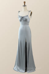 Long Dress Formal, Misty Blue Straps Ruffle A-line Bridesmaid Dress
