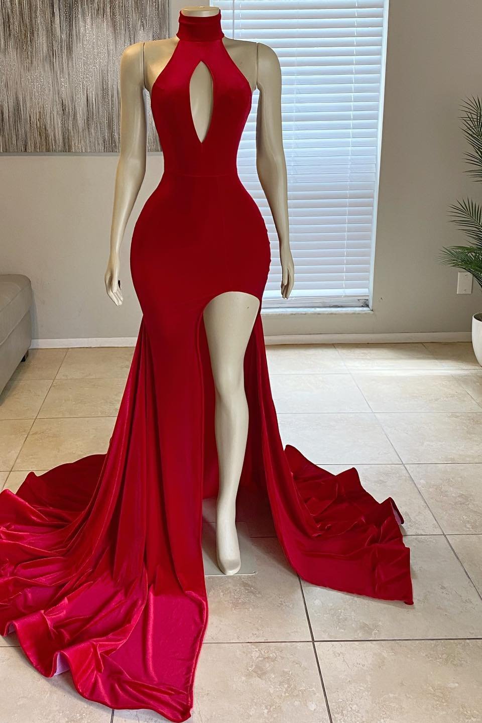 Bridesmaid Dress Online, Modern High Neck Red Leg Split Mermaid Prom Dress Long