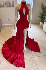 Bridesmaid Dresses Affordable, Modern High Neck Red Leg Split Mermaid Prom Dress Long