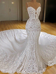Wedding Dress Satin, Modern Lace Mermaid Wedding Dresses Spaghetti Straps Appliques Bridal Gowns