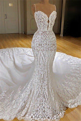 Wedding Dresses Satin, Modern Lace Mermaid Wedding Dresses Spaghetti Straps Appliques Bridal Gowns