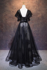 Quince Dress, Modest Black Long A-line V-neck Black Prom Dresses Chic Party Dress