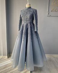 Fall Wedding Color, modest blue prom dresses lace emroidery evening dress