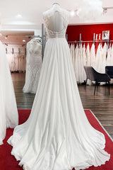 Wedding Dresses Trending, Modest Long A-line Chiffon Jewel Appliques Open Back Wedding Dress