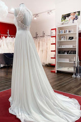 Wedding Dress Shops, Modest Long A-line Chiffon Jewel Appliques Open Back Wedding Dress