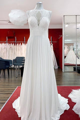 Wedding Dresses Trends, Modest Long A-line Chiffon Jewel Appliques Open Back Wedding Dress