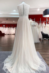 Wedding Dresses Elegent, Modest Long A-line Halter Tulle Lace Backless Wedding Dresses