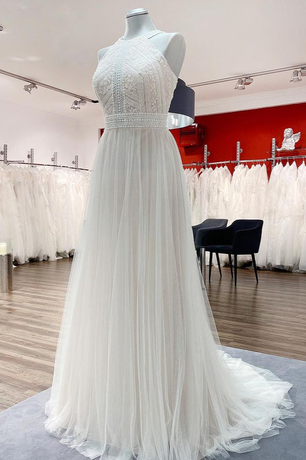 Wedding Dress Lookbook, Modest Long A-line Halter Tulle Lace Backless Wedding Dresses