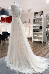 Wedding Dress Store, Modest Long A-line Halter Tulle Lace Backless Wedding Dresses