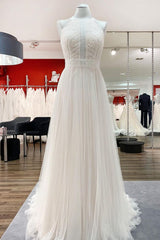 Wedding Dress Elegent, Modest Long A-line Halter Tulle Lace Backless Wedding Dresses