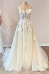 Wedding Dress Fabric, Modest Long A-line Spaghetti Straps Tulle Wedding Dress with Appliques Lace