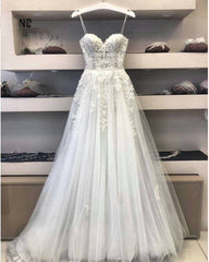 Wedding Dresse Beach, Modest Long A Line Sweetheart Lace Tulle Wedding Dress