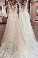 Wedding Dresses Simple Elegant, Modest Long A-line V-neck Backless Tulle Lace Wedding Dress