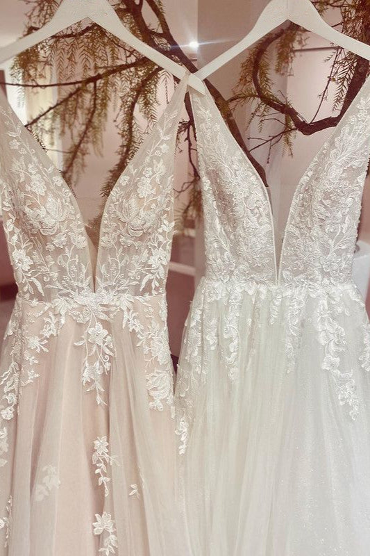 Wedding Dresses Lace Romantic, Modest Long A-line V-neck Backless Tulle Lace Wedding Dress