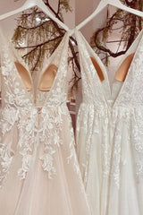Wedding Dresses Train, Modest Long A-line V-neck Backless Tulle Lace Wedding Dress