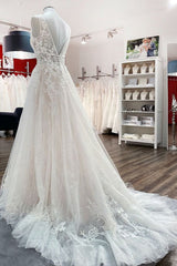 Weddings Dress Long Sleeve, Modest Long A-line V-neck Open Back Tulle Wedding Dress with Appliques Lace
