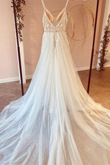 Wedding Dress Budget, Modest Long A-line V-neck Spaghetti Straps Tulle Wedding Dress with Appliques Lace
