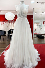 Wedding Dresses Short Bride, Modest Long A-line V-neck Tulle Ruffles Backless Wedding Dresses With Lace