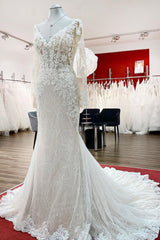 Wedding Dress Outlet Near Me, Modest Long Mermaid Sweetheart Tulle Lace Wedding Dress with Sleeves