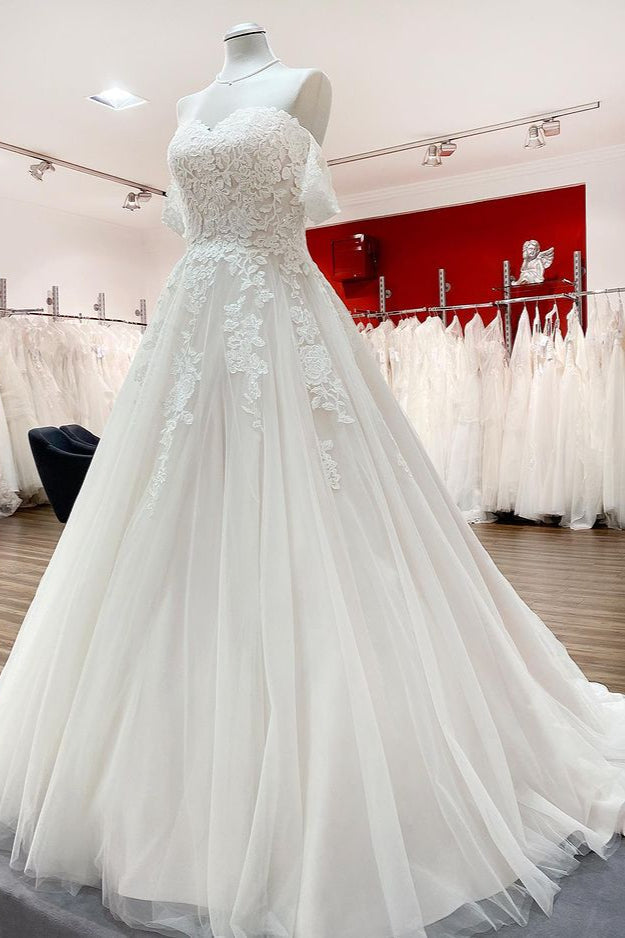 Wedding Dresses Designs, Modest Long Princess Off The Shoulder Tulle Lace Wedding Dress