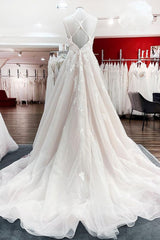 Wedding Dress Casual, Modest Long Princess V-neck Tulle Spaghetti Straps Wedding Dress with Lace
