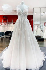 Wedding Dress Places Near Me, Modest Long Princess V-neck Tulle Spaghetti Straps Wedding Dress with Lace