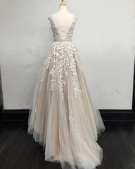 Prom Dress For Teens, Modest Prom Dresses Tulle Cap Sleeves Lace Embroidery
