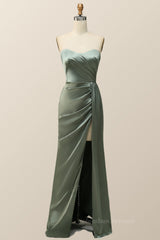 Girl Dress, Moss Green Satin Strapless Long Bridesmaid Dress