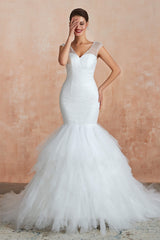 Wedding Dresses Under 110, Multi-Tiered Lace-Up Mermaid Wedding Dresses with Chapel Train