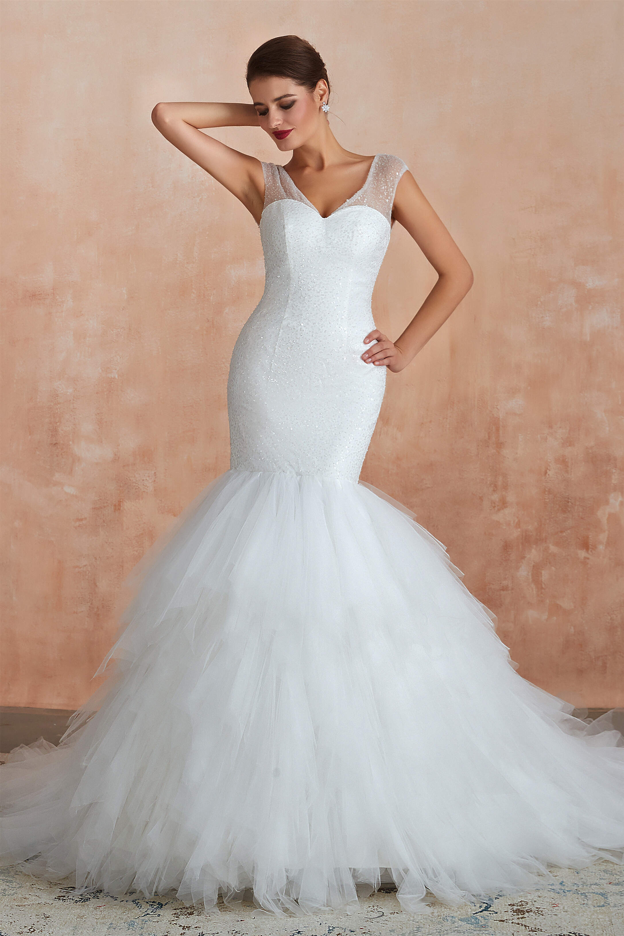 Wedding Dresses Modern, Multi-Tiered Lace-Up Mermaid Wedding Dresses with Chapel Train