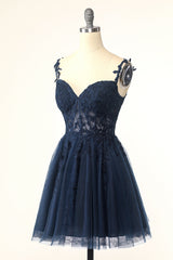 Prom Dresses 2054, Navy Blue A-line Lace Appliques Short Homecoming Dress