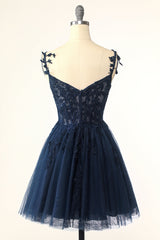 Prom Dresses Outfits, Navy Blue A-line Lace Appliques Short Homecoming Dress