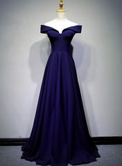 Formal Dress On Sale, Navy Blue A-line Spandex Long Prom Dress, Off Shoulder Bridesmaid Dress