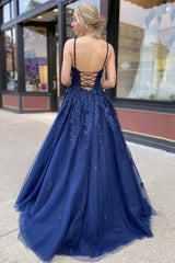 Navy Blue Appliques Long Prom Dress Evening Dress