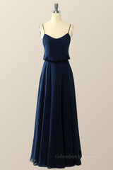 Prom Dresses For Teens Long, Navy Blue Blouson Bodice Chiffon Long Dress