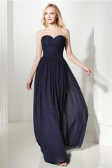 Formal Dresses Over 60, Navy Blue Chiffon Sweetheart Lace Beading Prom Dresses