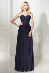 Formal Dresses For Winter Wedding, Navy Blue Chiffon Sweetheart Lace Beading Prom Dresses