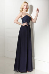 Formal Dresses For Fall Wedding, Navy Blue Chiffon Sweetheart Lace Beading Prom Dresses
